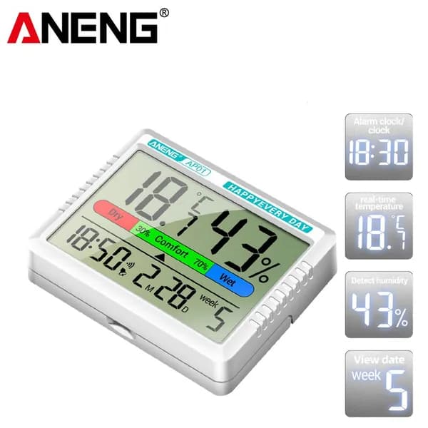 Цифровой термометр и гигрометр ANENG AP01 с LCD, часами и будильником