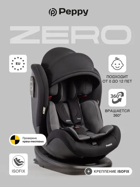 Автокресло детское Peppy Zero Isofix 0-36 для новорожденных от 0 до 12 лет (black/grey)