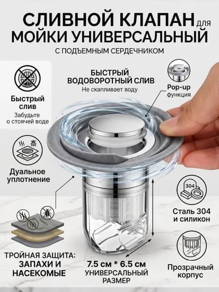 Пружинное ядро трапа, нержавеющая сталь, вихревое, антизапах, защита от засоров