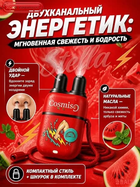 Энергетический ингалятор-карандаш двухканальный, вкус Арбуз-Мята, 1.8мл - натуральный аромастик для бодрости, концентрации внимания и свежего дыхания