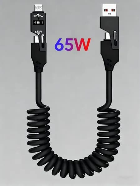 4in1 Кабель для быстрой зарядки TYPEC 65W с двойным наконечником, пружинный, автомобильный PD27W выдвижной кабель