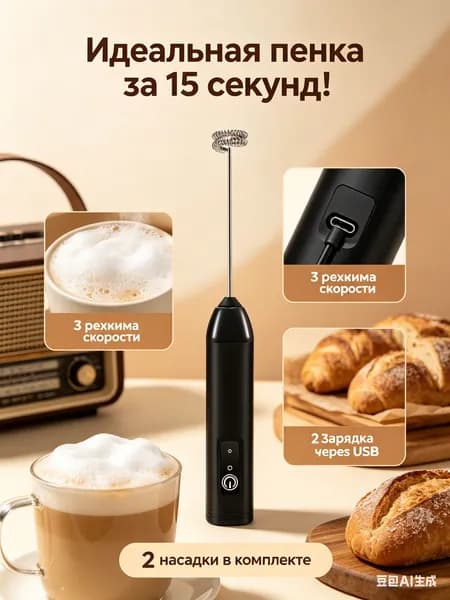 Электрический вспениватель молока, черное, беспроводной миксер-вспениватель с USB зарядкой и 2 насадками, электрический венчик для кофе, капучино и латте.