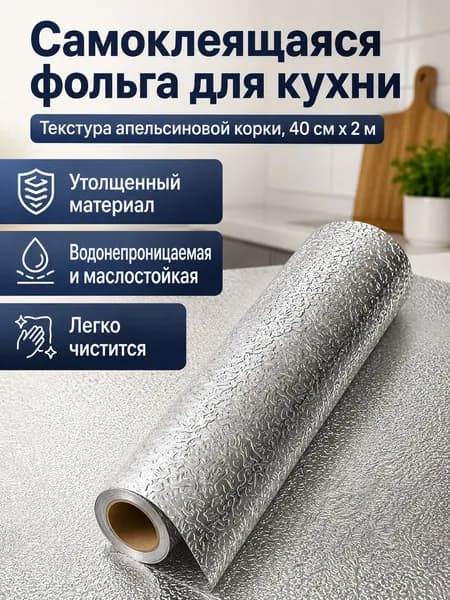 Самоклеящаяся пленка для кухни с апельсиновой коркой (усиленная), 40 см 2 м, алюминиевая фольга, водонепроницаемая и жаропрочная