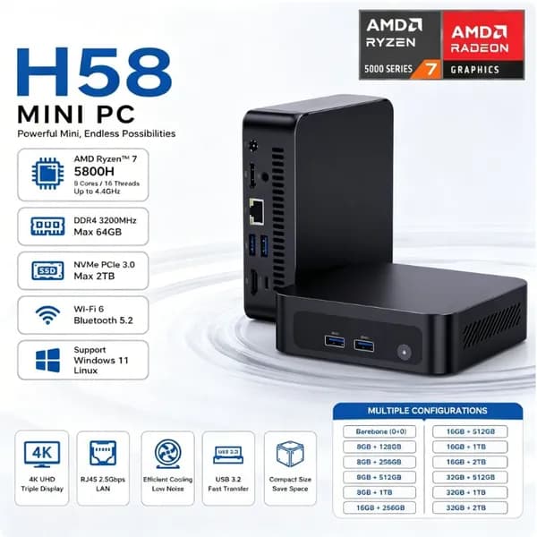 SZBOX Мини-ПК (AMD Ryzen 7 5800H, RAM 8 ГБ, SSD 128 ГБ, AMD Radeon, Windows), серый