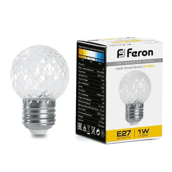Лампа-строб Feron LB-377 Шарик прозрачный E27 1W 230V 2700K 38208