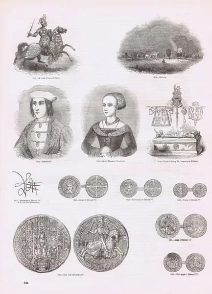 Старая Англия 161. Эдуард IV и Елизавета Вудвилл, подпись короля, Большая печать, монеты, гробница Генриха VI. Антикварная гравюра (ксилография). Англия, 1864 год