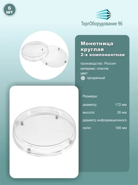 Монетница RONDA круглая двухкомпонентная, размер 17.2см*17.2см*2.6см, пластик, цвет прозрачный, 6шт.