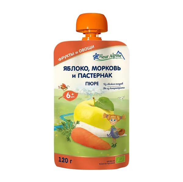 Пюре Яблоко, морковь и пастернак, Fleur Alpine, 120 г, Великобритания