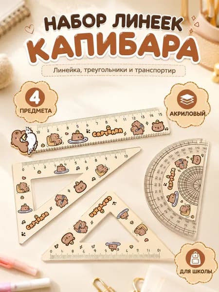 Набор линеек Капибара, 4 предмета, акриловый чертёжный набор для школы, линейка, треугольники и транспортир