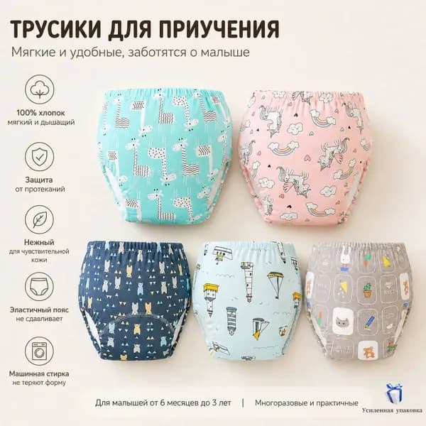 Тренировочные трусики для приучения к горшку, хлопковые, многоразовые, 1 шт.