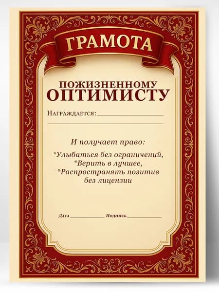 Грамота диплом в подарок - Пожизненному оптимисту