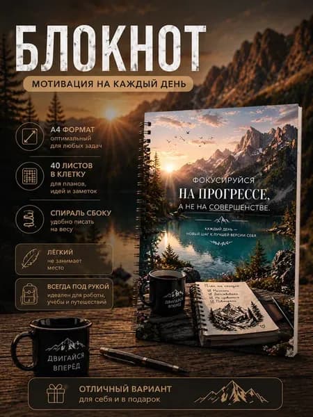 Блокнот А4 в клетку мотивационный "Фокусируйся на прогрессе"