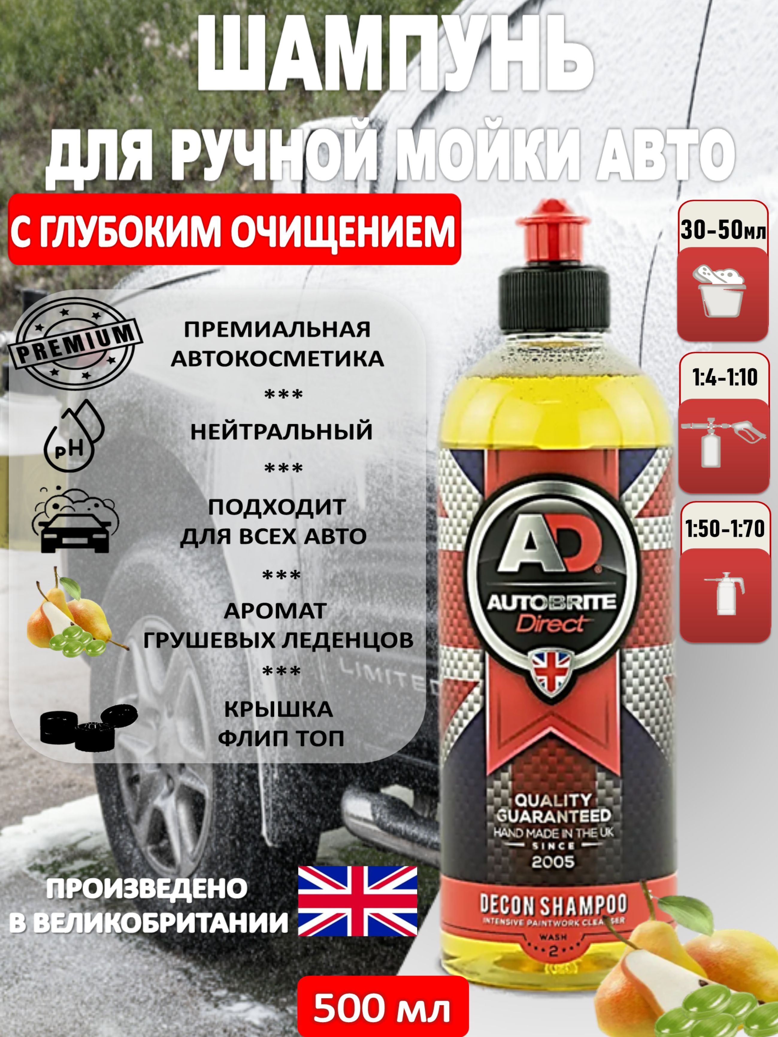 Очищающий шампунь для ручной мойки AutoBrite Direct Decon Shampoo, 500 мл