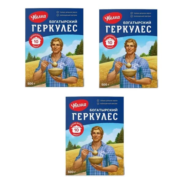 Увелка Хлопья овсяные, Геркулес Богатырский, 500 г, 3 уп