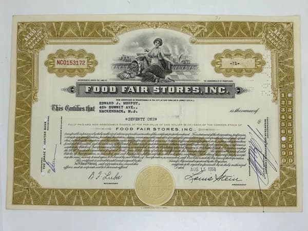 Ценная бумага США Супермаркеты FOOD FAIR STORES Inc. , 1950-1960е года. Ценная бумага. №11