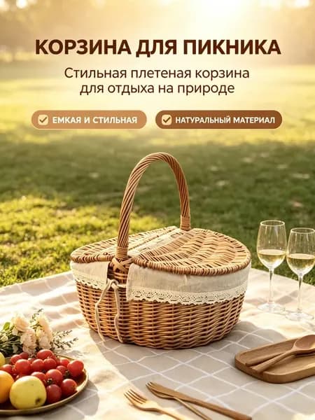 Корзина плетёная с крышкой и ручкой для пикника