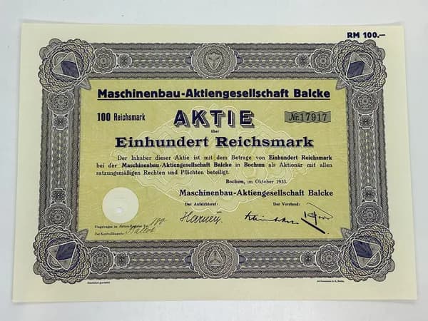 Акция Германия. Машиностроительная компания Balcke, 100 рейхсмарок 1933 №54