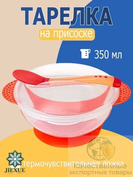 Детская тарелка с присоской (красный) с ложкой и крышкой