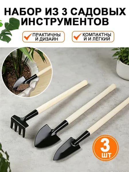 Набор для ухода за комнатными растениями (совки 21-22см, грабли 18см), ручки лакированные, металл, дерево