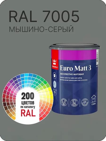 Краска для стен и потолков Tikkurila Euro Matt 3 абсолютно матовая мышино-серый Ral 7005 0.9 л.