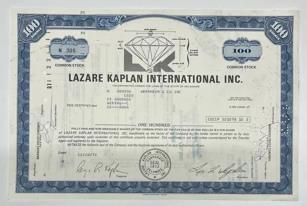 США KAPLAN INTERNATIONAL Сертификат на 100 акций 1970-е годы