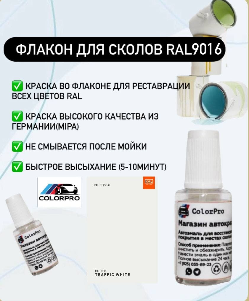 Краска для сколов во флаконе с кисточкой RAL 9016