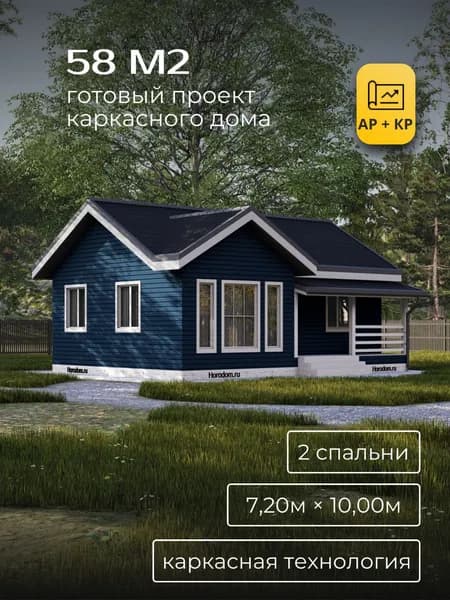 Проект одноэтажного каркасного дома с 2 спальнями 58 м3