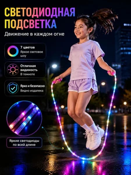 Светящаяся скакалка с LED-подсветкой, 3 режима мигания, длина 260 см, розовая
