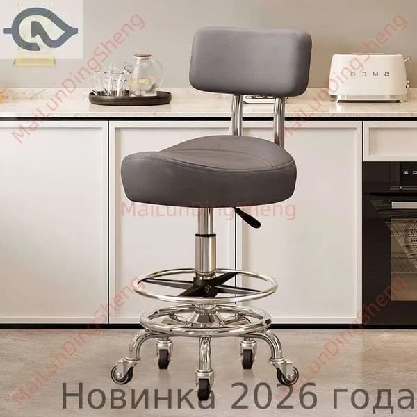Ортопедический стул, Искусственная кожа, Модель с подножкой и спинкой, серый цвет, с бесшумными резиновыми колёсами