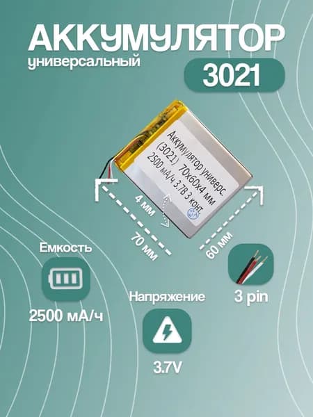 Аккумулятор универсальный для навигатора и портативной техники 3021, 2500 мАч, 70x60x4 мм, 3 pin
