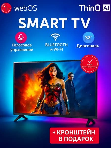 Телевизор ThinQ AI 32" - ДУ Аэромышь (Указка) - с голосовым управлением и безрамочный экраном. 32" Full HD, черный 32″ Full HD, черный