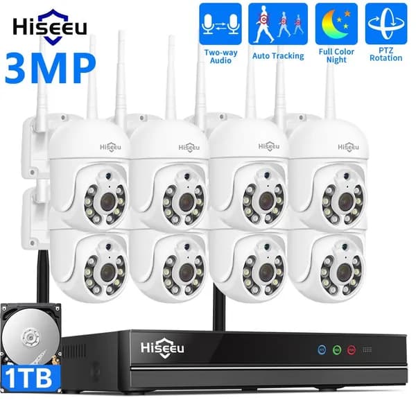 Hiseeu Wi-Fi PTZ Комплект камеры видеонаблюдения,10CH NVR Набор,3MP 8 IP камеры, 1TB жесткого диска, Цветная ночного видения,Автоматическое отслеживание,Двусторонняя аудиосвязь, P2P
