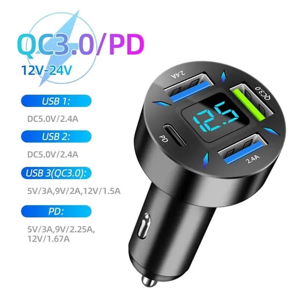 Автомобильное зарядное устройство,Три порта USB, Один порт для быстрой зарядки PD,со светодиодным индикатором напряжения