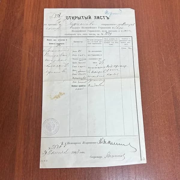 Бумага - Открытый лист арестанта 1903 год Петровское полиц.управление!