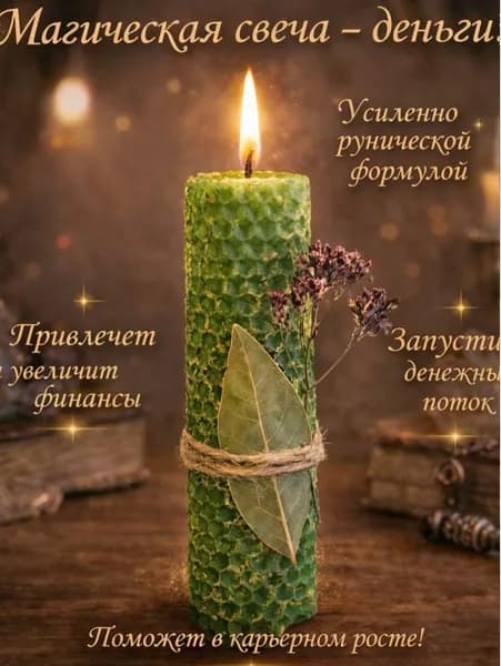 Свеча Магическая зеленая "Деньги. Натуральный воск