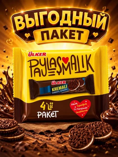 Ulker печенье с кремовой начинкой какао, 99 г, 4 шт