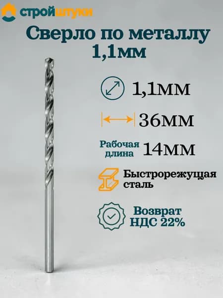 Сверло по металлу 1,1 мм, цилиндрический хвостовик Стройштуки