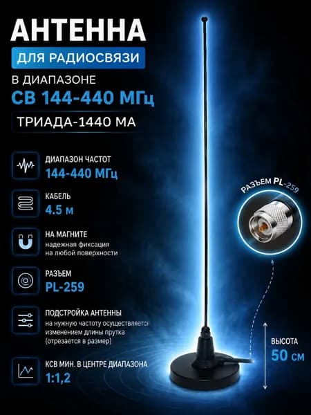 Антенна для радиосвязи в диапазоне CB 144-440 МГц, Триада-1440 МА. Черная, магнитная. Длина кабеля 4,5 метра