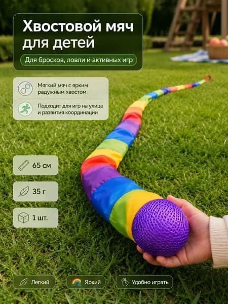 Радужный мяч-хвостик 65 см для метания и ловли, детская игрушка для улицы, мяч с лентой для развития моторики, 1 шт.