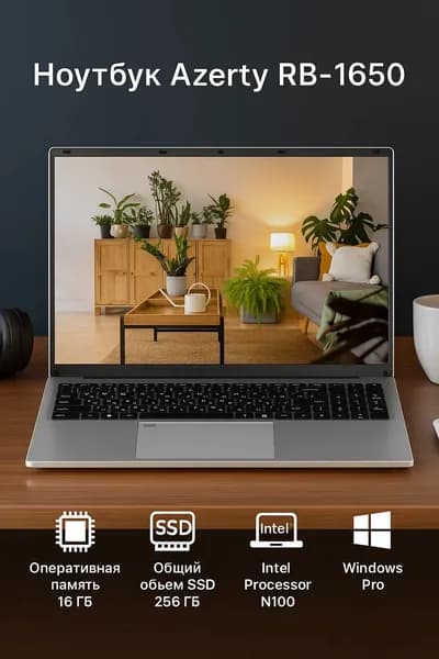 Azerty RB-1650 Ноутбук 16", Intel Processor N100, RAM 16 ГБ 256 ГБ, Intel UHD Graphics, Windows Pro, серебристый, Русская раскладка