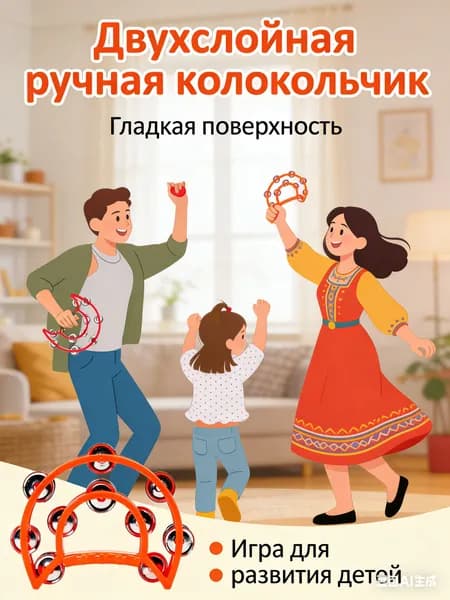 Музыкальный бубен Gealfis двухрядный с 24 колокольчиками ударный музыкальный инструмент для детей, развивает ритм, чувство звука и творческие навыки