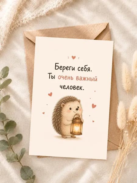 Открытка "Береги себя. Ты очень важный человек" с ёжиком, A6 10х15 см с крафт-конвертом