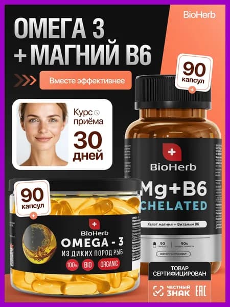 Омега 3 (рыбий жир) 90 капсул + Магний Хелат В6 90 капсул / BioHerb