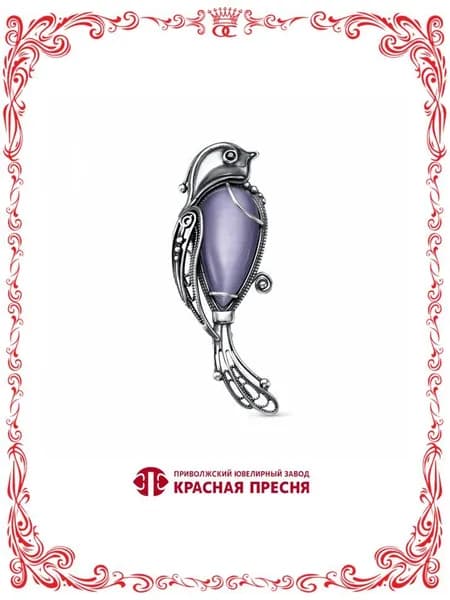 Серебряная брошь со стеклом и кошачьим глазом Б13312378