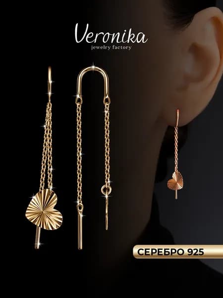 Серьги серебро 925 продевки Сердце с алмазной гранью Veronika jewelry factory