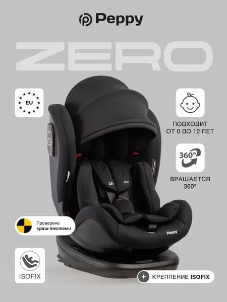 Автокресло детское Peppy Zero Isofix 0-36 для новорожденных от 0 до 12 лет (black)