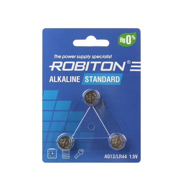 Батарейки 3 штуки LR44 ROBITON STANDARD AG13 щелочные 357