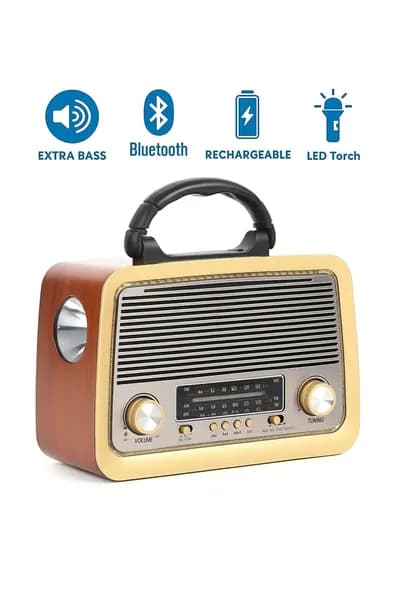 Винтажное радио Nostalji Ticaret Plus 301BT: Стильный дизайн под старину, Bluetooth, FM/AM/SW тюнер, USB и TF слот, встроенный мощный фонарик и синяя LED подсветка для дома и отдыха.