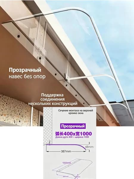 Козырек Над Крыльцом / Входной Дверью, Прозрачный Поликарбонатный Лист(1000,Плоская установка)
