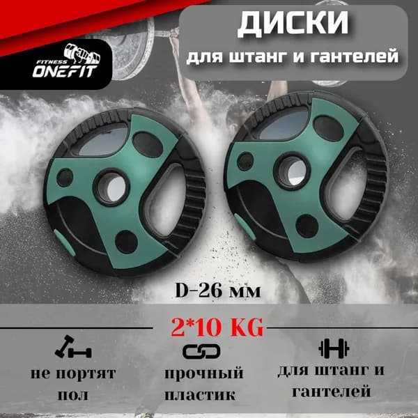 Диски OneFit для штанги и гантелей, пластиковые с хватами, 2 шт по 10 кг, d-26 мм, 503-001